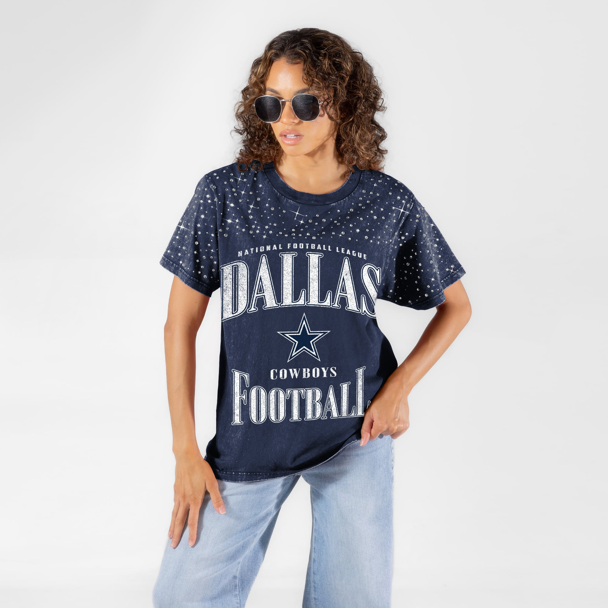 Women's Gameday Couture Navy Dallas Cowboys  Sparkle & Score Washed Micro Rhinestone T-Shirt | Fanatics