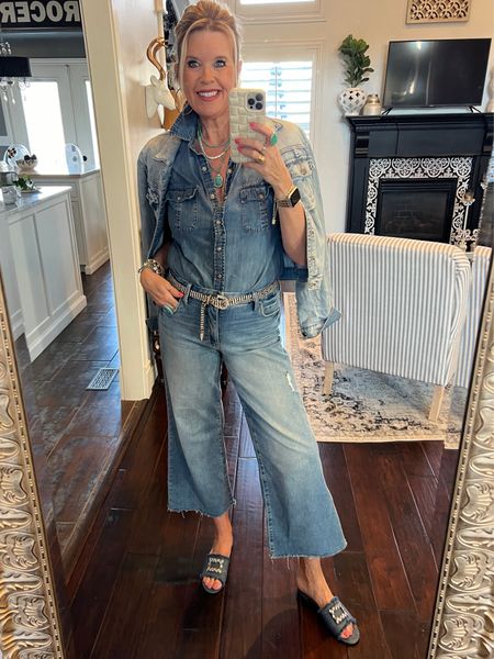 Canadian Tuxedo 🩵

Denim on demim
Perfect for a concert, for lunch with the girls…. Casual Friday 

Mixed with bling— Rhinestone’s and turquoise is a favorite combo of mine🩵🤍

Kurt from the Kloth Meg- wide leg cropped jeans true to size and Kut from Kloth Amelia jacket also tts

Denim slides Vince Camino  (old) linked similar 

Rhinestone belt  Anthro 
Rhinestone necklace  
Buddha Turquoise necklace  (not linkable

Arm candy stacked a mix of rhinestones and turquoise 
Link what I can


#LTKFestival #LTKfindsunder100 #LTKstyletip