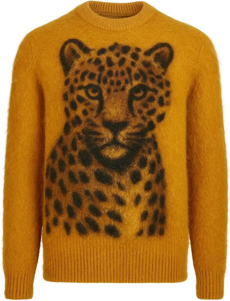 OXKnit Knitted Long Sleeve Shirts for Men, 1960s Mod Style Retro Leopard Pattern Yellow Crewneck ... | Amazon (US)