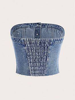 Verdusa Women's Button Front Shirred Tube Denim Top Crop Bandeau Tops | Amazon (US)