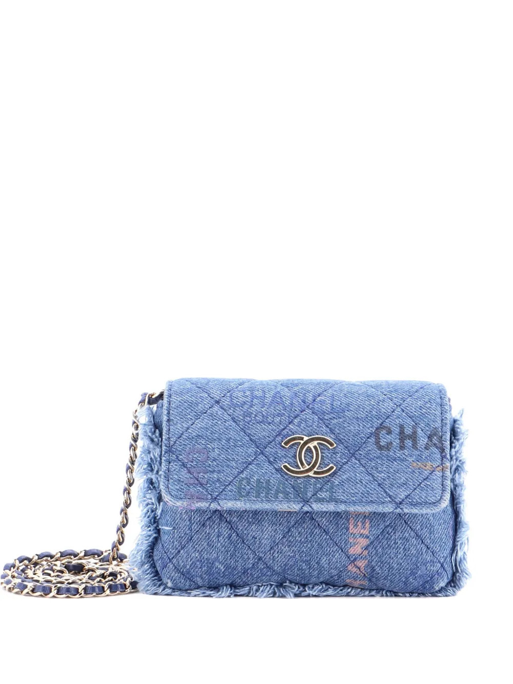 CHANEL Pre-Owned Denim Mood Flap Clutch with Chain Logo Printed Quilted Fringe Denim crossbody bag - Blue | Farfetch Global
