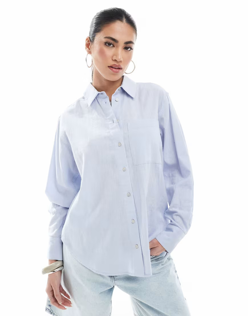 New Look long sleeve linen shirt in blue | ASOS (Global)
