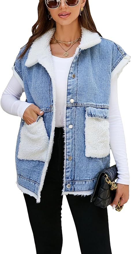 Womens Loose Sherpa Fleece Lined Denim Vest Casual Sleeveless Button Down Jean Vest Jacket | Amazon (US)