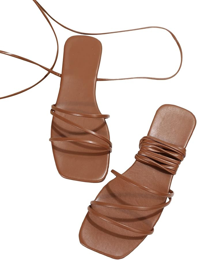 GORGLITTER Women's Lace Up Strappy Flat Sandals Tie Leg Leather Sandals | Amazon (US)