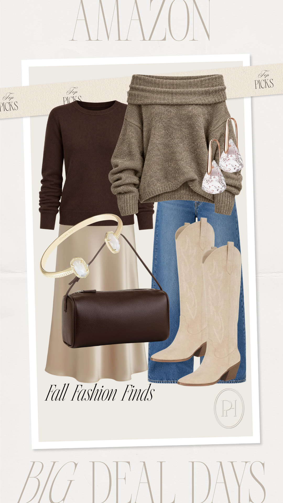 Snag these cute looks for fall on sale now with Amazon Big Deal Days!

Fall fashion, fall looks, fall style, fall outfit, neutral outfit, wide leg jeans, baggy jeans, dark wash jeans, medium wash jeans, brown sweater, fitted sweater, off-the-shoulder sweater, cowgirl boots, cowboy boots, satin skirt, maxi skirt, brown handbag, earrings, bracelet, neutral style, wardrobe basics, brown handbag, fall handbag, knee high boots, bangle bracelet, tan boots, purse 

 #LTKgrwm #LTKootd #LTKSaleAlert