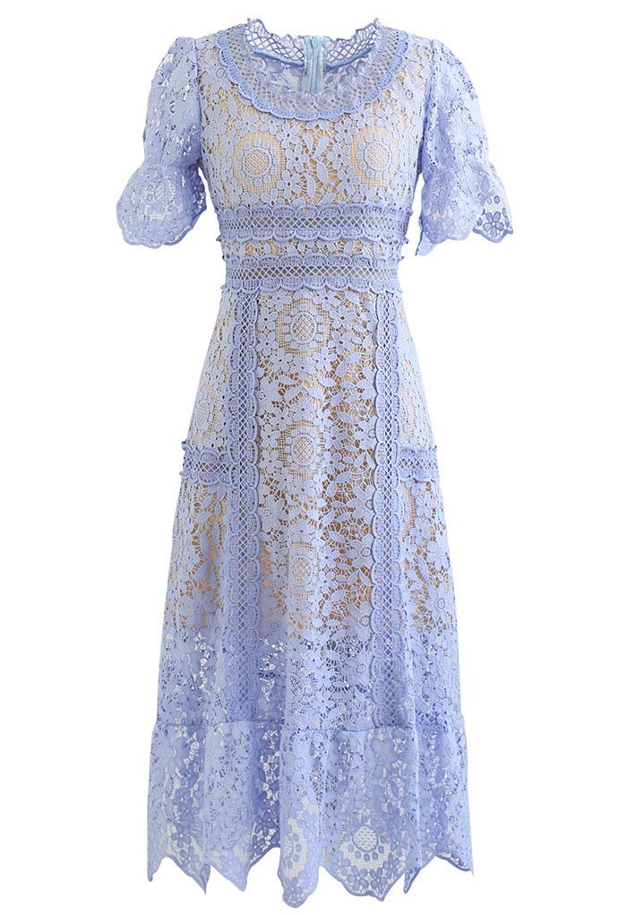 Floral Crochet Short-Sleeve Midi Dress in Blue | Chicwish