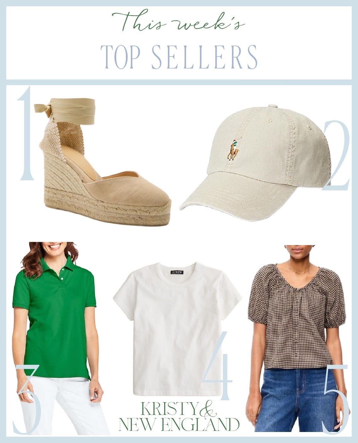 Top Sellers of the Week tan espadrilles, polo hat, green polo, white tee, brown gingham top

#LTKTall #LTKSaleAlert #LTKOver40