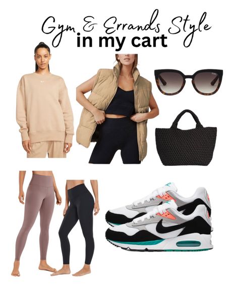 Weekend outfit leggings sneakers outfit best woven bag mom style on the go gym and errands look Nike sweatshirt neutral style 