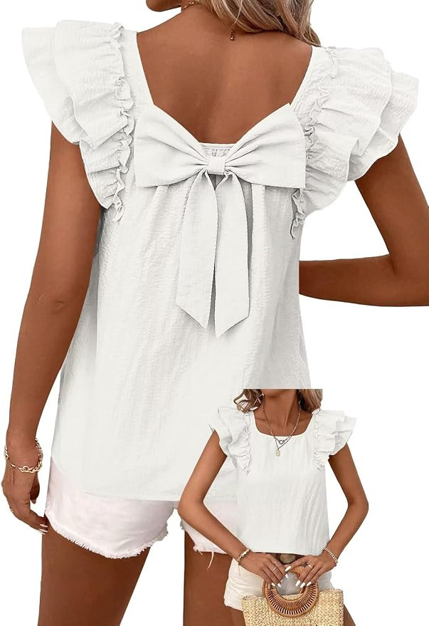 Falechay Womens Bow Tie Back Tops Round Neck Ruffle Short Sleeve Shirts Cute Babydoll Chiffon Tee... | Amazon (US)