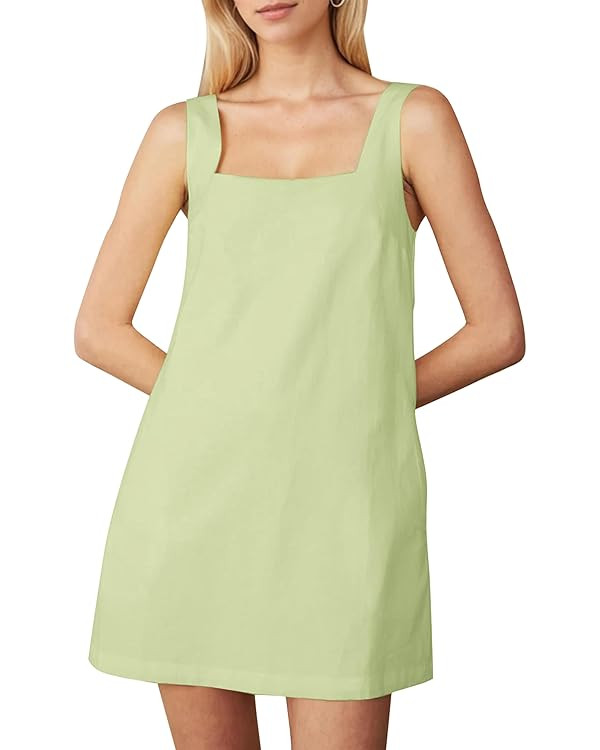 Summer Linen Mini Dress for Women Sleeveless Square Neck Tank Shift Dresses Causal Backless Solid... | Amazon (US)