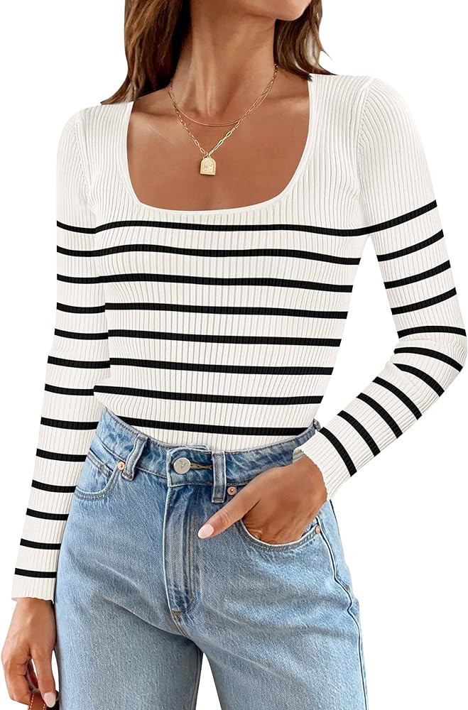 ZESICA Women's Ribbed Long Sleeve Sweater Square Neck Knit Tops 2024 Fall Casual Striped Pullover | Amazon (US)