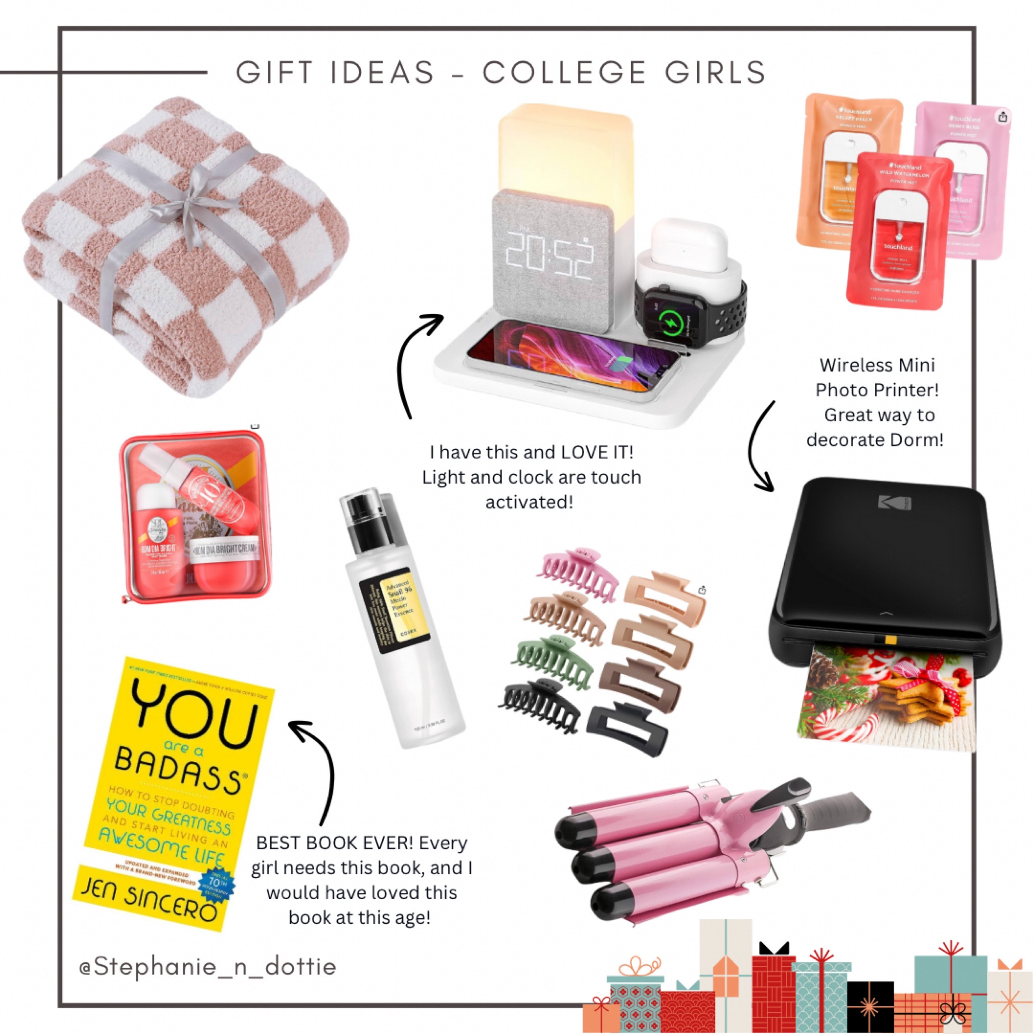 2023 Gift Guide Girls
2023 Gift Idea Girls
Gift idea college girls
Gift guide College girls
Gift idea daughter
Gift guide daughter 
Gifts for dorm
Dorm decor
Claw clips
Skincare
Soft blanket
Checkered blanket
Mini photo printer
Charger
Charger station 
Hair clips
Crimper
Wavey hair 

#LTKGiftGuide #LTKHoliday #LTKfamily