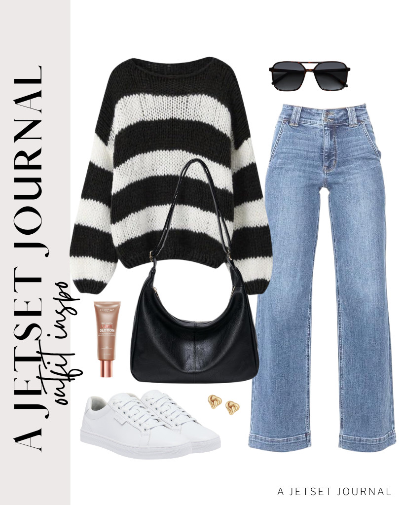 I love this classy Celestina Hobo Bag. It pairs perfectly with the striped pullover and light-wash jeans. Slip on these Sorel sneakers and wear chunky, large knot earrings as your accessories. 

 #LTKSeasonal #LTKSaleAlert #LTKTravel