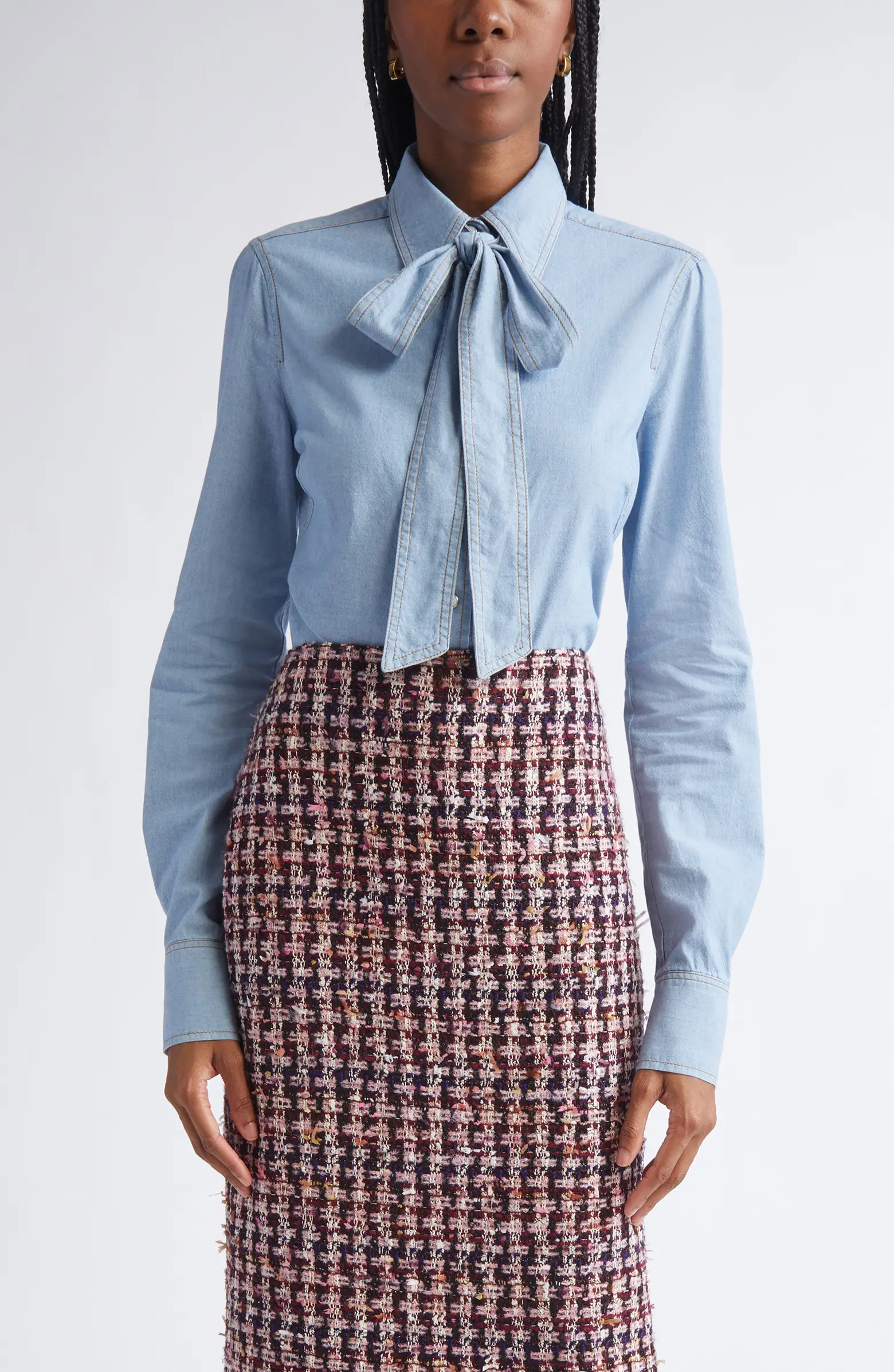 ST. JOHN Tie Neck Chambray Shirt | Nordstrom | Nordstrom