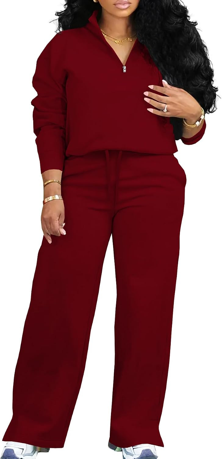 Women 2 Piece Outfits Sweatsuit Oversized Half Zip Sweatshirt Wide Leg Sweatpant Casual Lounge Matching Set Tracksuit | Amazon (US)