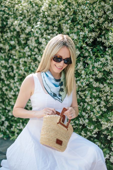 Creating my perfect spring outfit, summer outfit, and travel outfit has never been easier than now with @Saks’ beautiful garden party approved styles like this classic white dress, this breezy beautiful scarf, these chic sunnies, and this fun little raffia bag #Saks #SaksPartner 