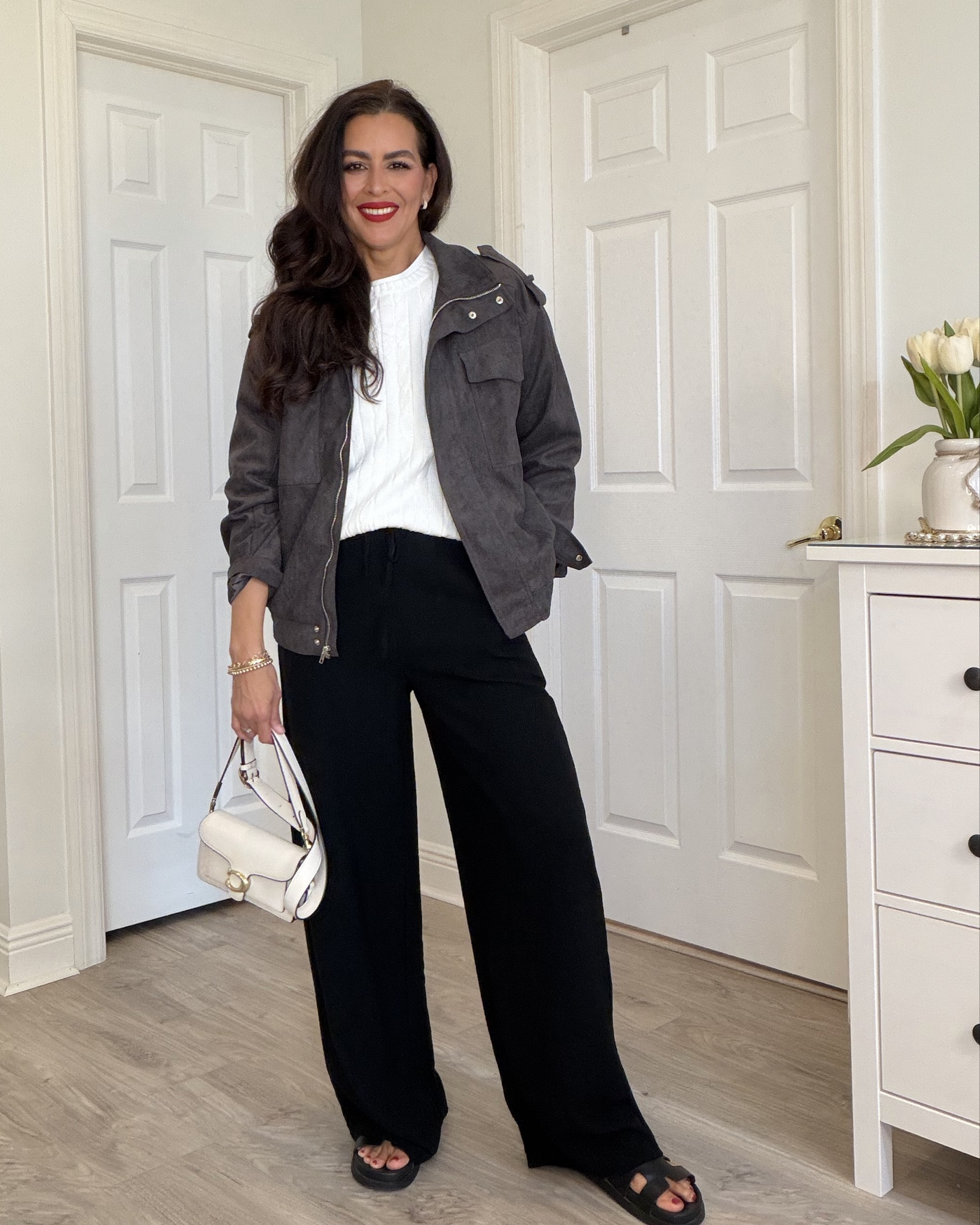 ‼️All details and sizing ⬇️
Size S in cream pants, sweater and jacket.
Lipstick is The mvp.
Size M in black pants. Size L in white Ralph Lauren sweater. Black sandals are tts. 
Adding similar sneakers.


#LTKSeasonal #LTKOver40 #LTKootd