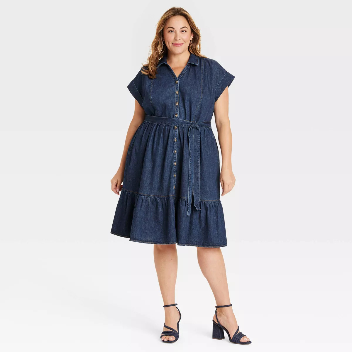 Women's Short Sleeve Denim Tiered Midi A-Line Dress - Ava & Viv™ | Target