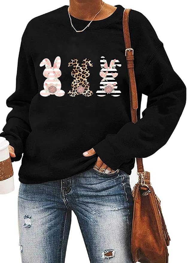 Ykomow Happy Easter Sweatshirt Women Long Sleeve Cute Bunny Rabbit Graphic Tees Pullover | Amazon (US)