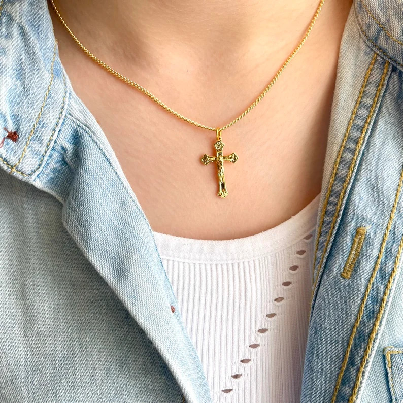 Gold Filled Dainty Cross Unisex Religious Crucifix Pendant Necklace, Jesus Pray Rosary Cross Char... | Etsy (US)