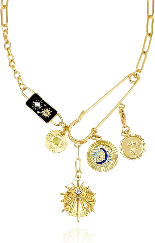 Gold Charm Necklace for Women, Detachable Women's Evil Eye Paperclip Charm Necklace, Gold Coin Ne... | Amazon (US)