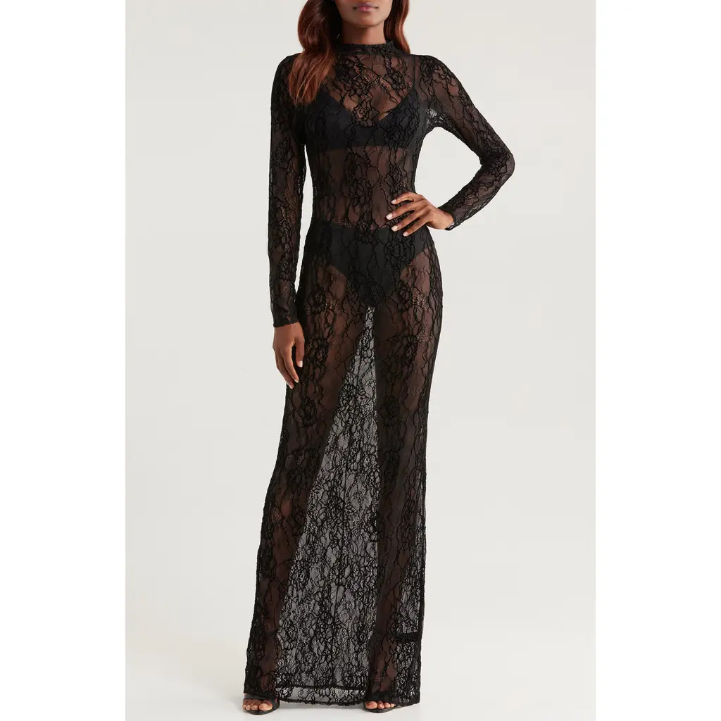 Good American Sheer Lace Long Sleeve Stretch Gown in Black001 at Nordstrom, Size Xx-Large | Nordstrom