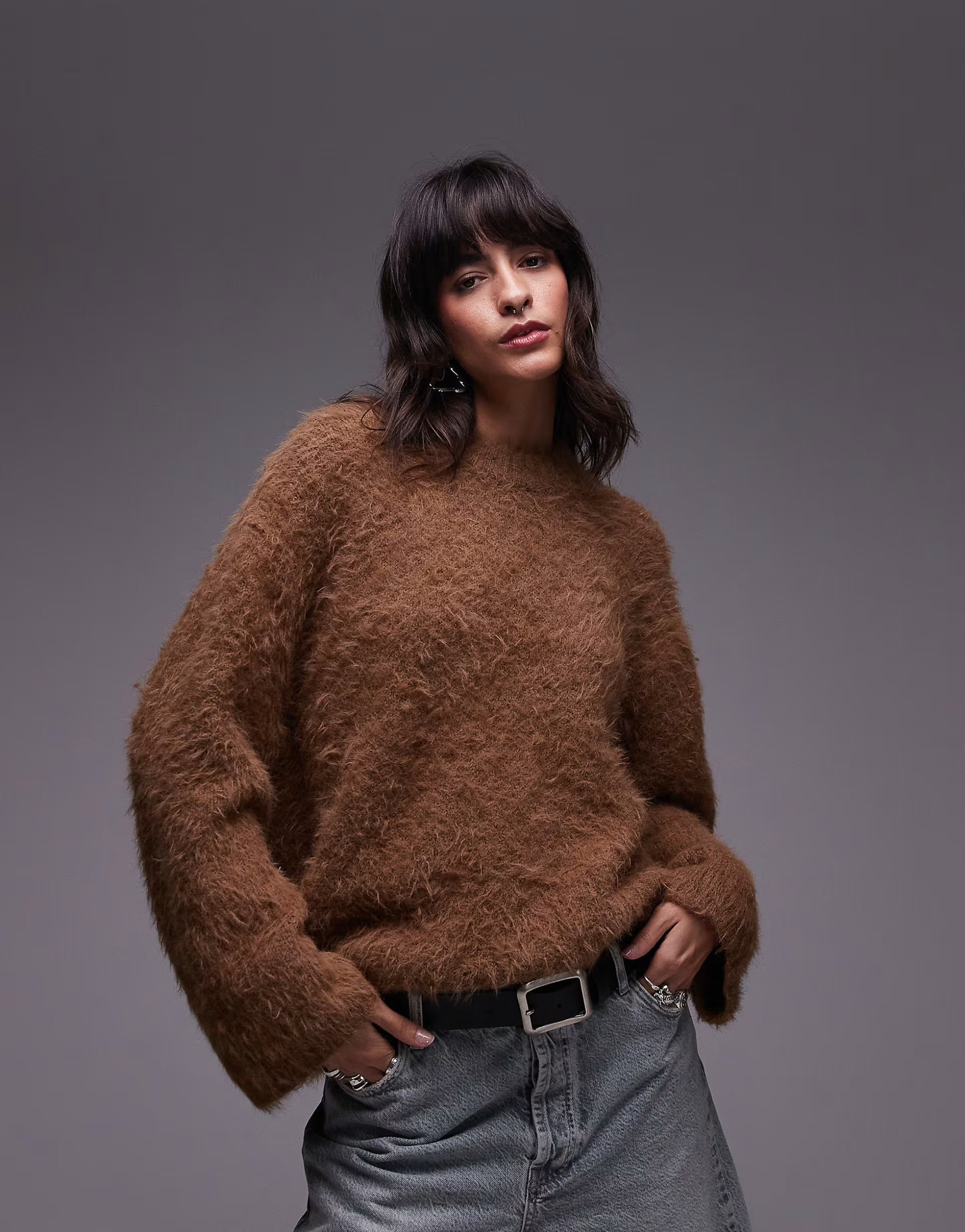 Topshop knit ultra fluffy eyelash oversized sweater in toffee | ASOS (Global)
