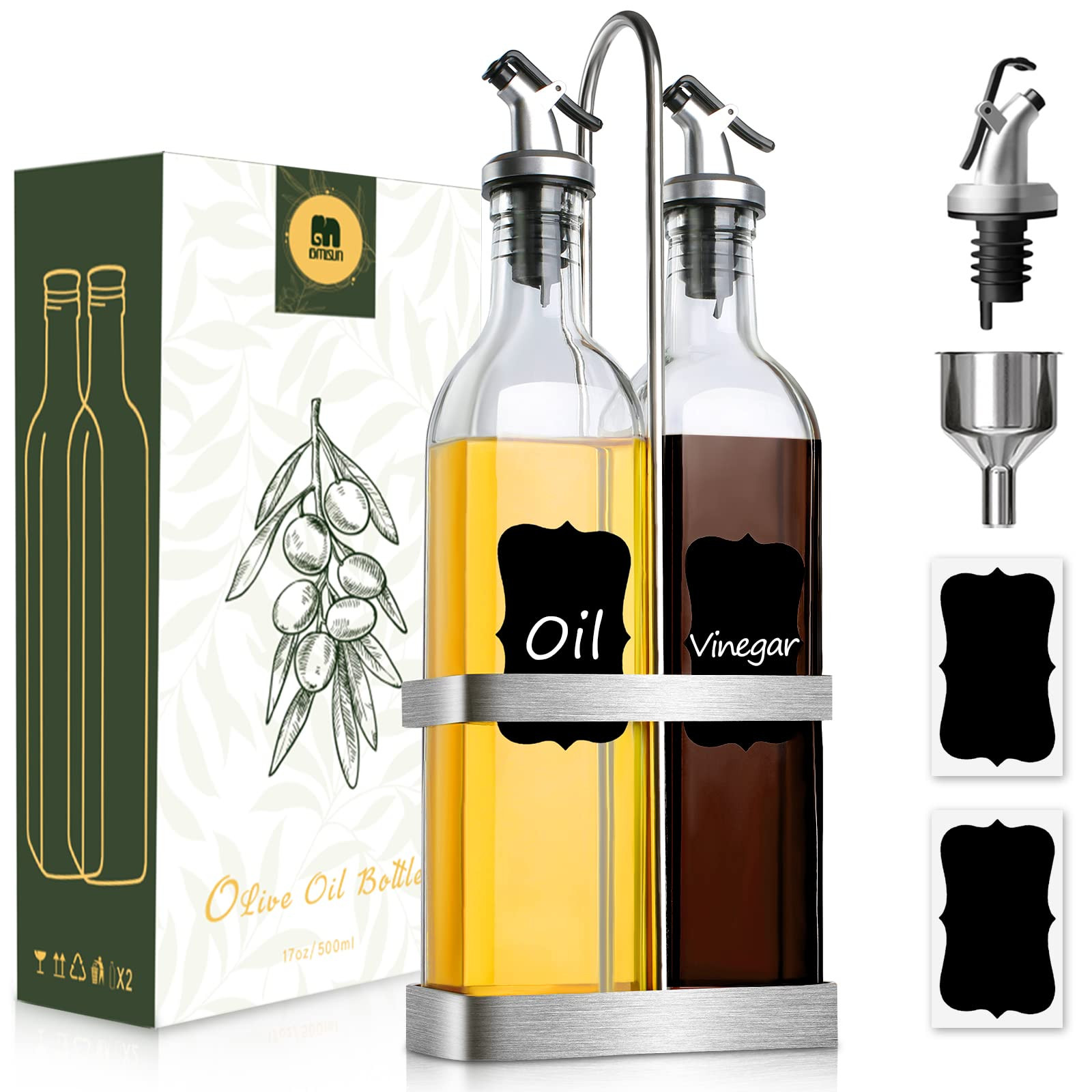 GMISUN Oil And Vinegar Dispenser Set- Comes With Stainless Steel Holder Rack, Clear Glass Olive Oil  | Amazon (US)
