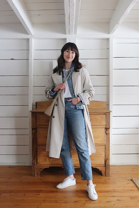 3 ways to style a denim jack this spring - Look 1/3 - Under a trench with a white tee, sneakers and straight leg denim in a similar wash. 

My denim jacket is old but I found lots of very similar options  

#springoutfit #denimjacket 

#LTKSeasonal