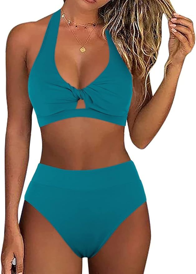 Hilor Women's Halter Bikini Set Push Up High Waisted Two Piece Swimsuit Sexy Cutout Front Twist B... | Amazon (US)