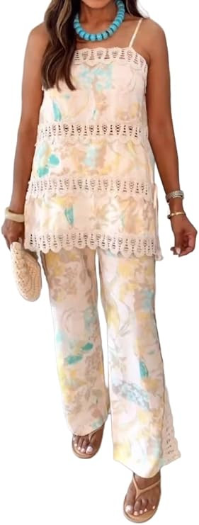 THLAI Womens 2 Piece Outfits Printed Linen Sexy Sleeveless Camisole Pants Set Outfits For Going O... | Amazon (US)