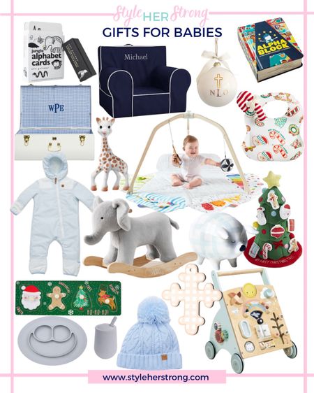 Gifts for Babies:
•Play Gym 
•Baby Bunting 
•Cable Knit Hat that can be personalized 
•baby books
•bib
•personalized ornaments 
•puzzle
•baby walker 

#LTKGiftGuide #LTKbaby #LTKHoliday