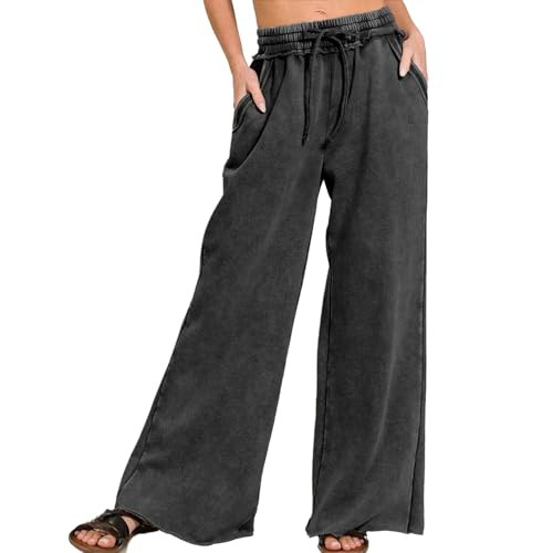 Ainangua Women Acid Wash Palazzo Sweatpants Casual High Waist Drawstring Wide Leg Pants Baggy Fle... | Amazon (US)