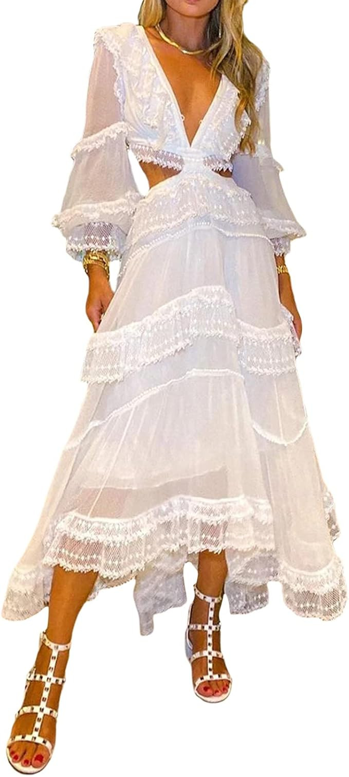 Women Summer Maxi Dress Long Sleeve Lace Princess Tutu Tulle Sundress Spring Fall Beach Vacation ... | Amazon (US)