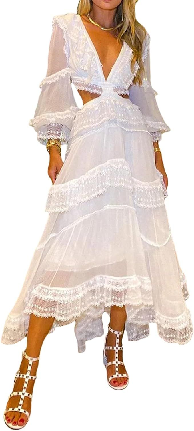Women Summer Maxi Dress Long Sleeve Lace Princess Tutu Tulle Sundress Spring Fall Beach Vacation ... | Amazon (US)