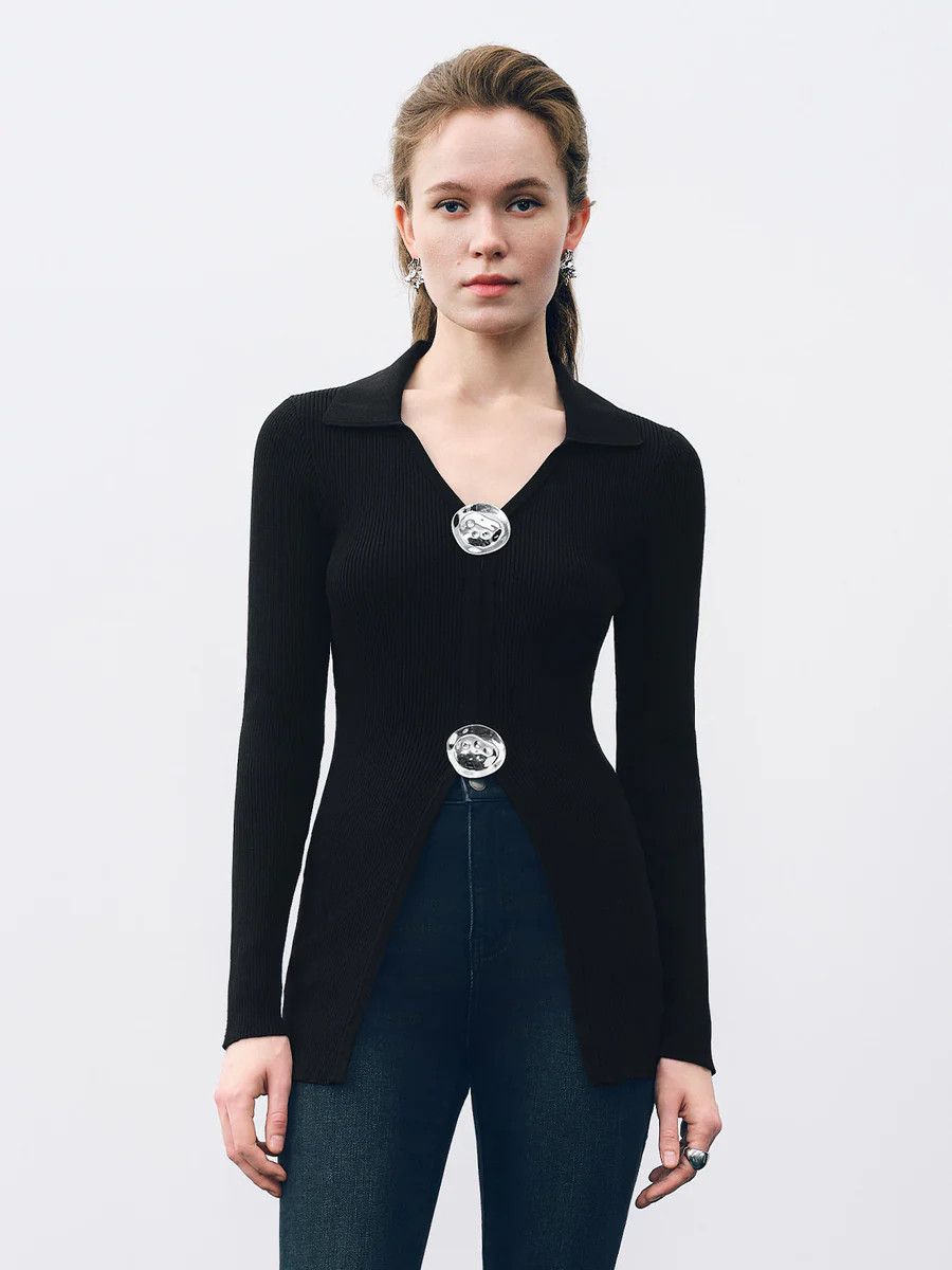 Fluid Metal Buttons Skinny Knitted Cardigan | Urban Revivo