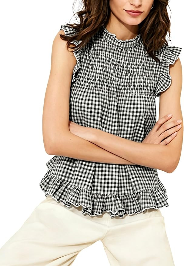 Women's Gingham Smocked Ruffle Sleeveless Top Plaid Babydoll Peplum Blouse Cute Summer Tank Shirt | Amazon (US)