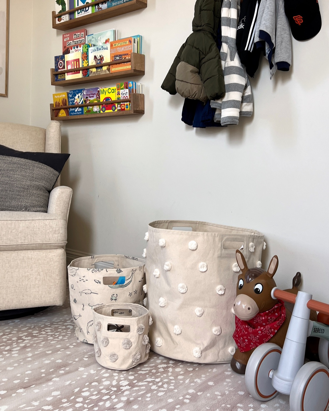 Baskets I use to organize my baby’s toys. 

Exact baskets I got: 
Pom Pom Basket Mini in natural
Pom Pom Basket Hamper in natural
Printed Bin in Life Aquatic 