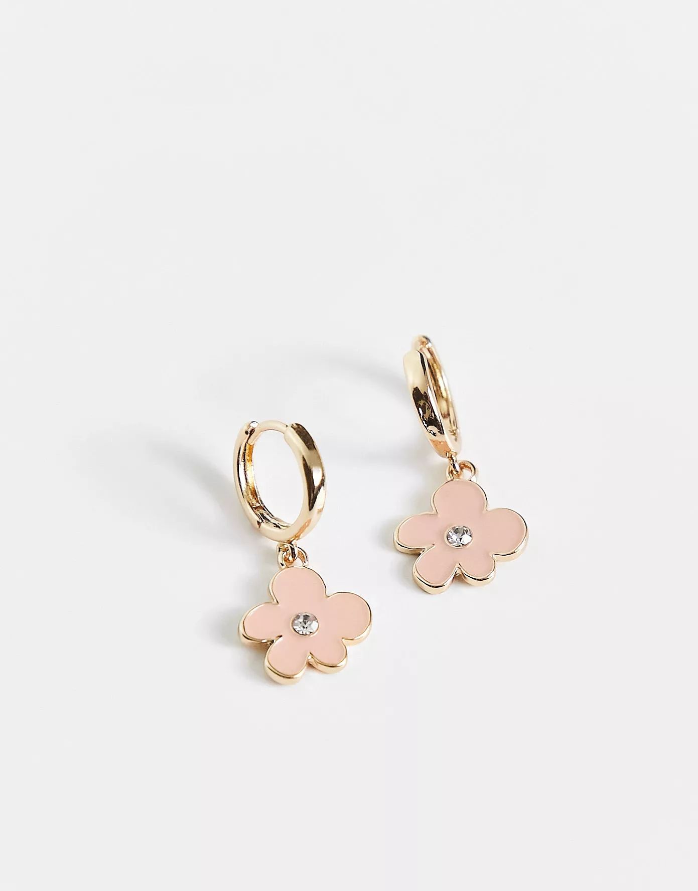 DesignB London huggie hoops with flower pendant in light pink and gold | ASOS (Global)