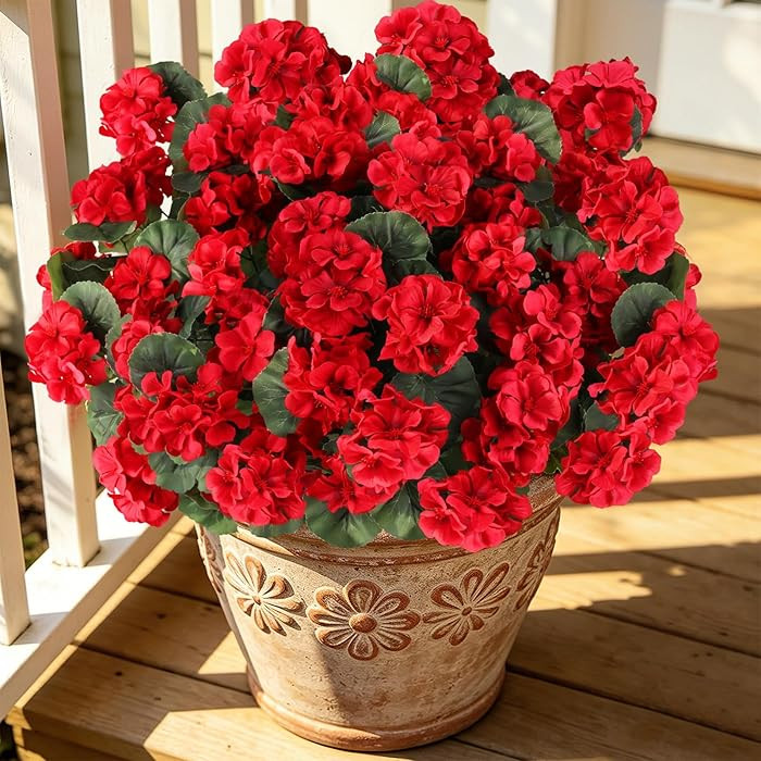 Artificial Flowers for Outdoors, 6 Bundles Realistic Silk Fake Red Geraniums, Faux Plastic Flower... | Amazon (US)