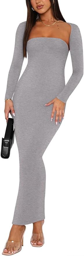 REORIA Womens Sexy 2 Piece Outfits Long Sleeve Bolero Shrug Going Out Strapless Fashion Maxi Dres... | Amazon (US)