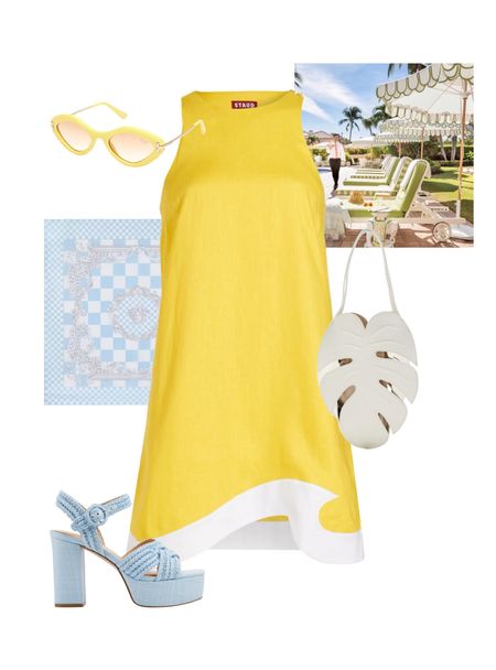 Palm Beach outfit / vacation outfit / yellow dress / blue heels / yellow sunglasses / staud purse / beach look / vintage style