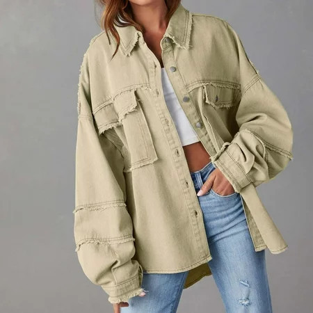 Fayshow0 Deals Up to 50% off Womens Jean Jackets Cheap $25. Or Less Women s Jean Jacket Frayed Washed Button Denim Jacket With Pockets Khaki S | Walmart (US)