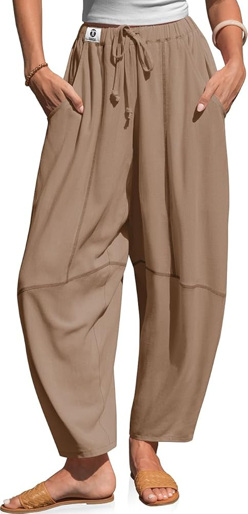 TARSE Women's Linen Harem Pants Baggy Drawstring Waist Casual Contrast Stitching Wide Leg Barrel ... | Amazon (US)