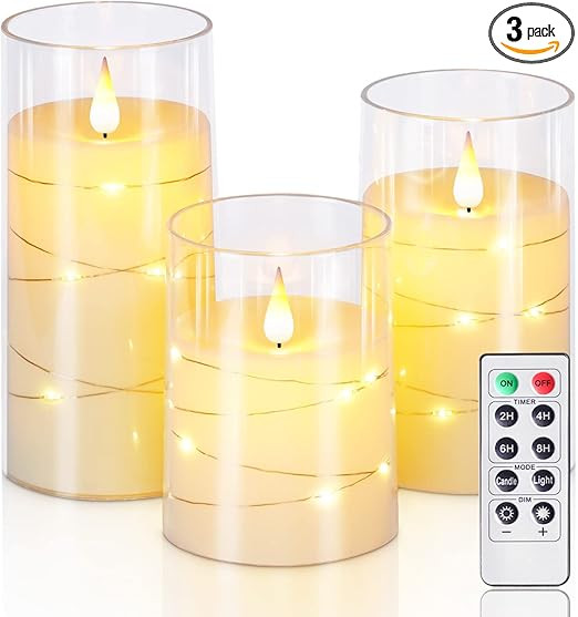 Homemory Flickering Flameless Candles with String Lights, Battery Operated Candles, Embedded Stri... | Amazon (US)