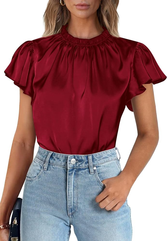PRETTYGARDEN Business Casual Tops for Women Blouses Dressy 2025 Summer Short Sleeve Ruffle Satin ... | Amazon (US)