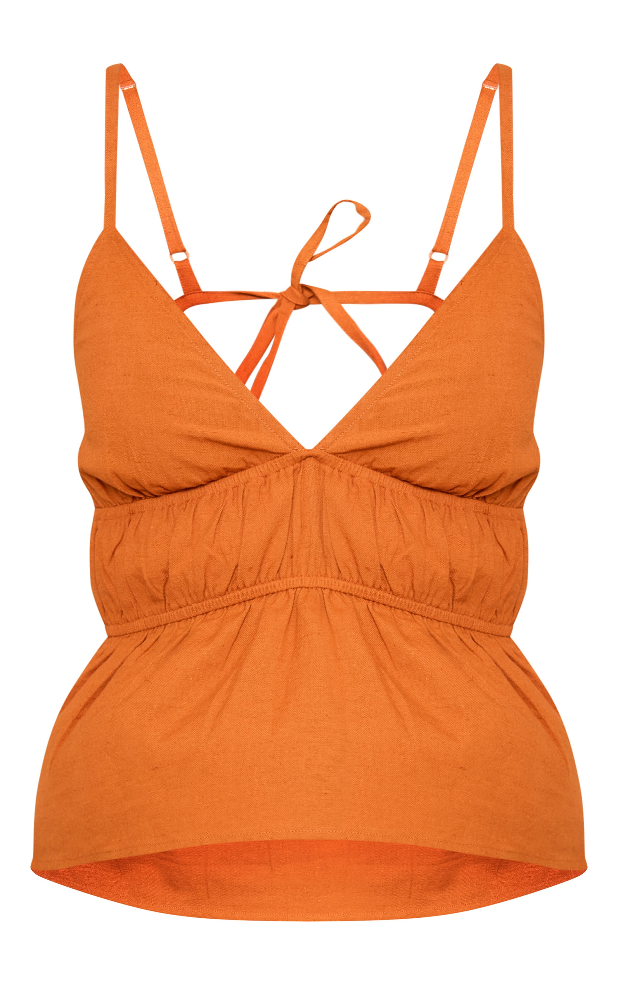 Light Mocha Linen Look Tiered Plunge Cami Top | PrettyLittleThing US