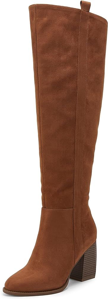 Womens Pointed Toe Knee High Boots Faux Suede Side Zipper Chunky Block Heel Stretch Winter Thigh Hig | Amazon (US)
