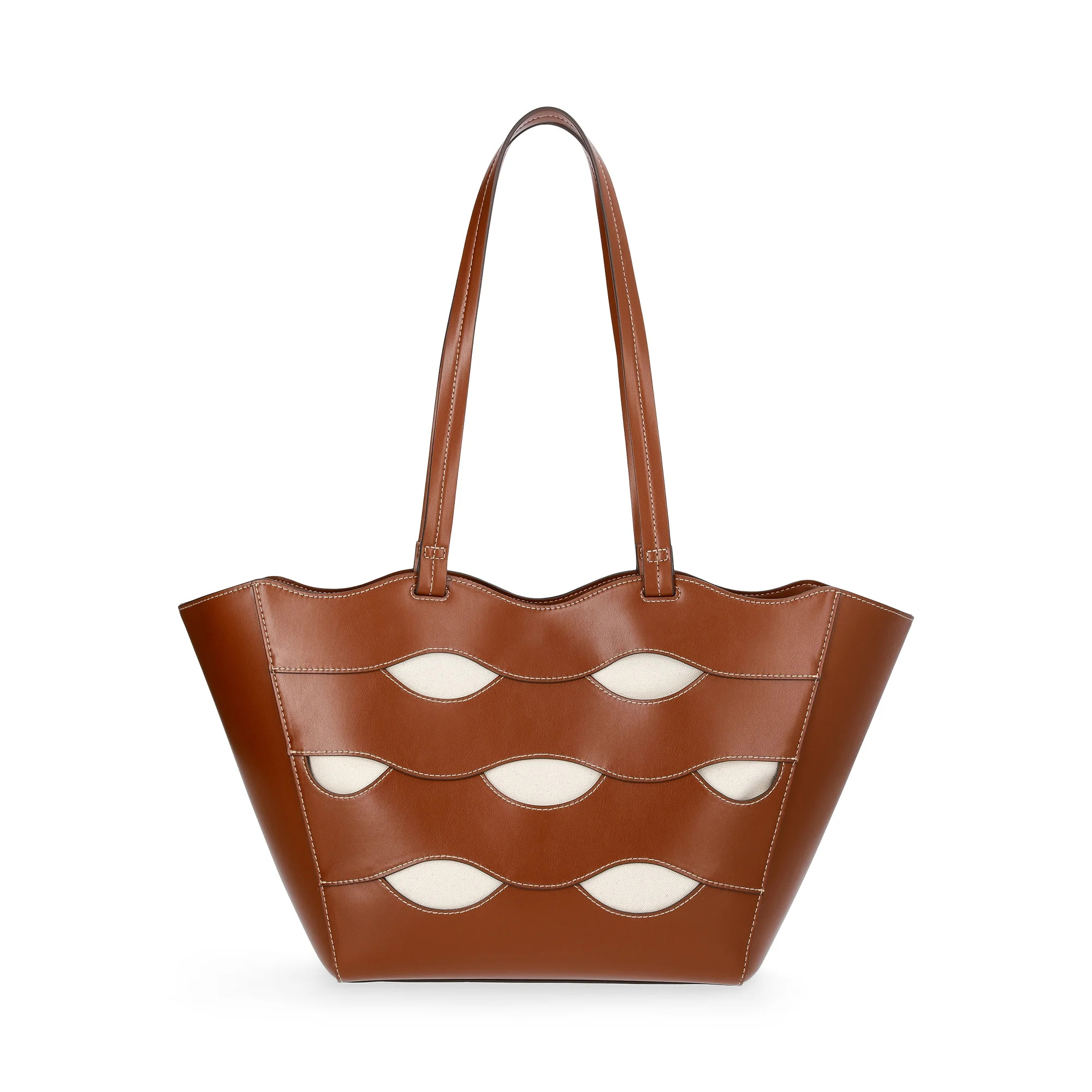 Free Assembly Women's Allegra Faux Leather Cut Out Tote Handbag, Cognac/Cream | Walmart (US)
