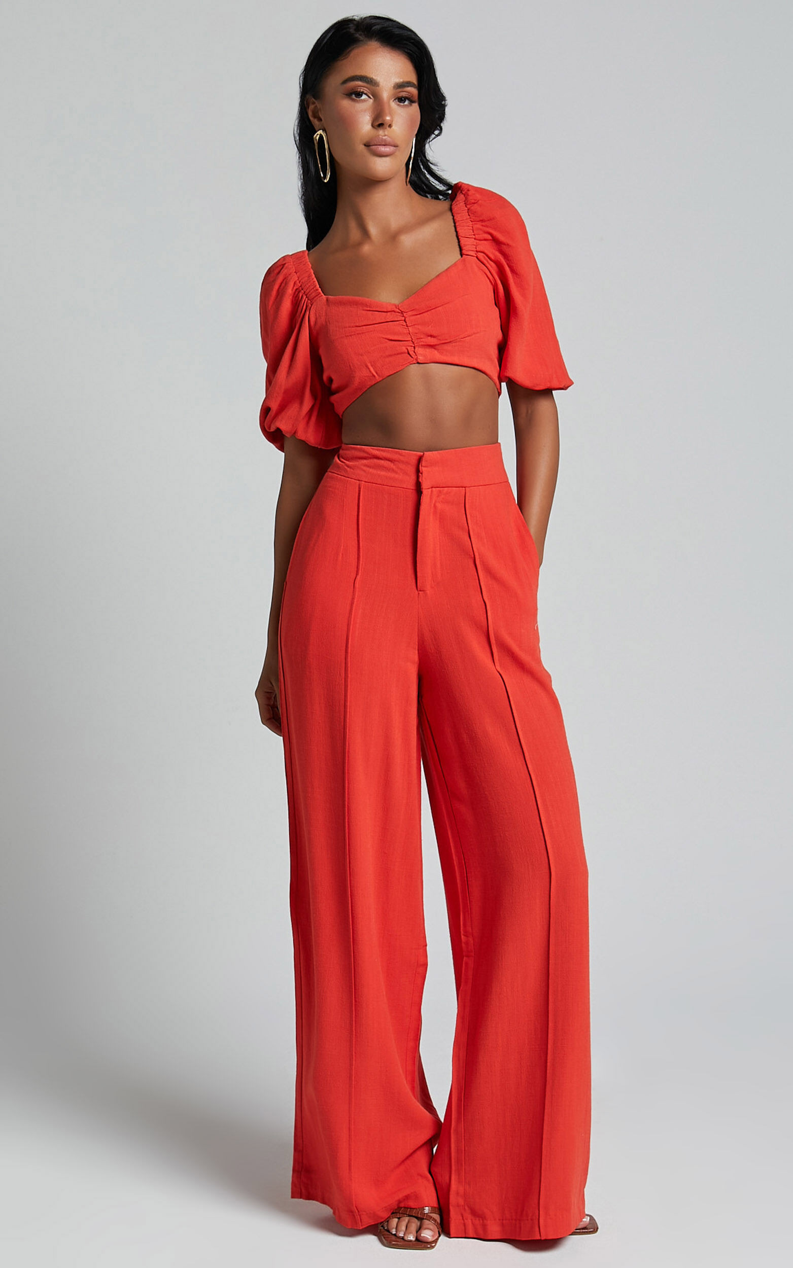 Aleydise Two Piece Set - Puff Sleeve Gathered Crop Top and Pants Set in Burnt Orange | Showpo (US, UK & Europe)